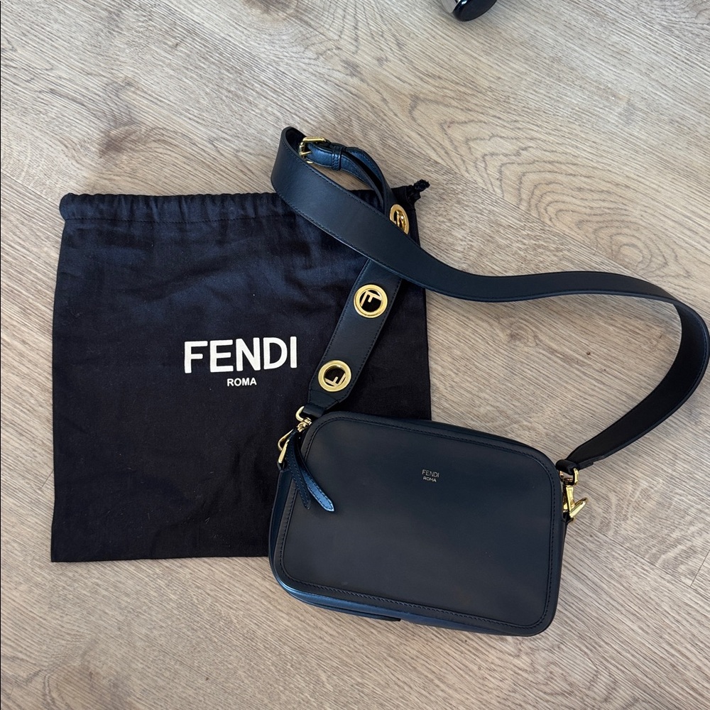 F is Fendi Black Leather Camera Crossbody Bag